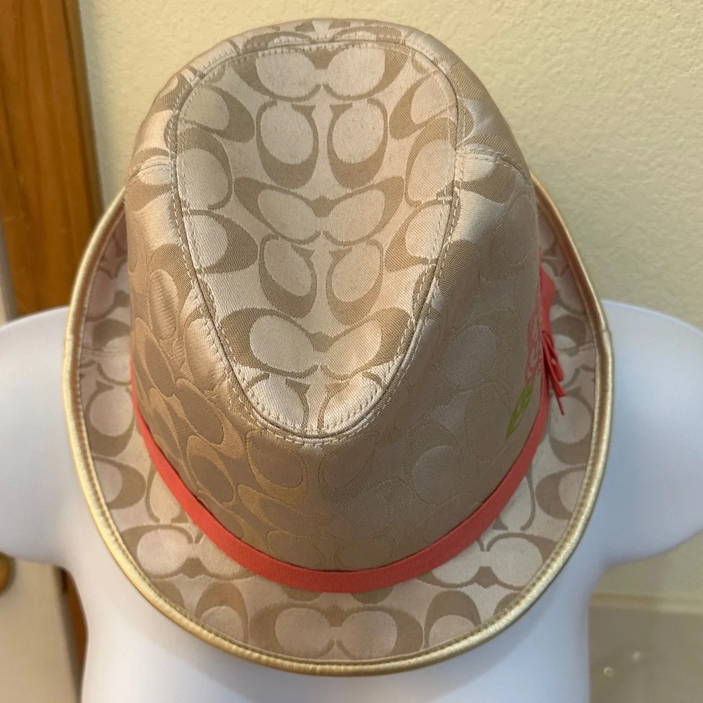 Coach Tan Hat with Floral Embroidery and Red Ribbon - Picture 2 of 4